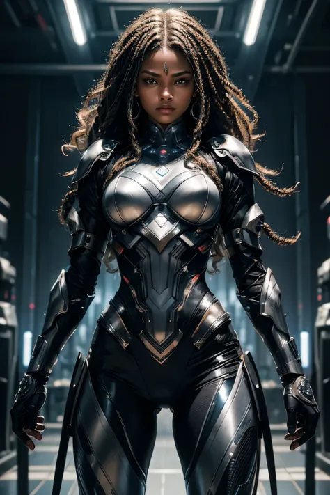 In the heart of a cutting-edge, technologically advanced battlefield, a powerful african Black girl warrior assumes a commanding stance. Her sleek futuristic armor, meticulously crafted with intricate designs, radiant shine and silver lights, hugs her tone...