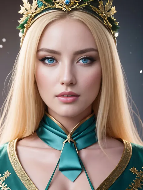 a beautiful empress portrait, blonde hair, perfect blue eyes, with a brilliant, impossible striking big Christmas headpiece, clothes Santa robes, everything Christmas, snow, symmetrical, dramatic studio lighting, rococo, baroque, greens, asian, hyperrealis...