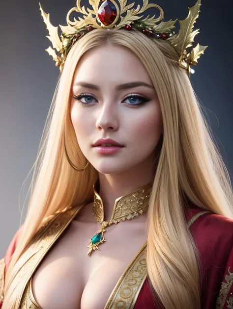 a beautiful empress portrait, blonde hair, perfect blue eyes, with a brilliant, impossible striking big Christmas headpiece, clothes Santa robes, everything Christmas, snow, symmetrical, dramatic studio lighting, rococo, baroque, greens, asian, hyperrealis...