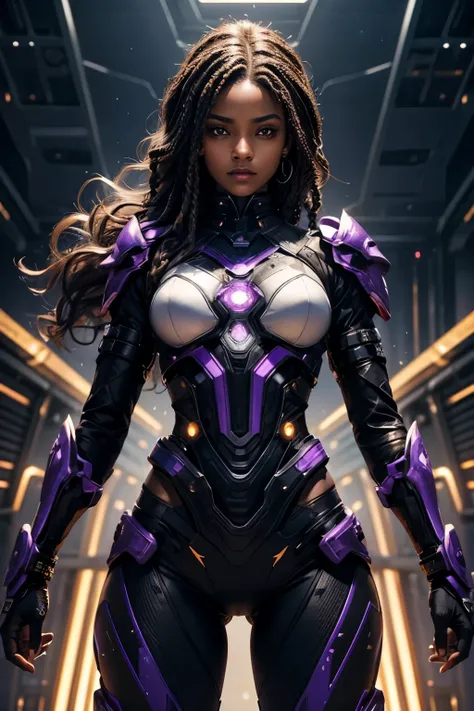 In the heart of a cutting-edge, technologically advanced battlefield, a powerful African Black girl warrior assumes a commanding stance. Her sleek futuristic armor, meticulously crafted with intricate designs, radiant shine and purple lights, hugs her tone...