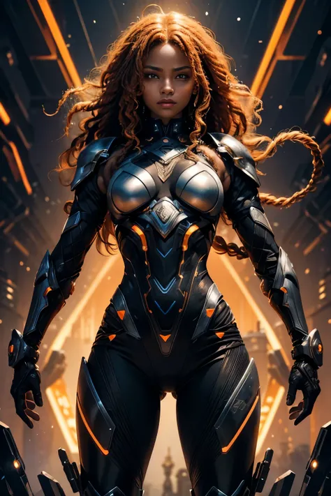 In the heart of a cutting-edge, technologically advanced battlefield, a powerful african Black girl warrior assumes a commanding stance. Her sleek futuristic armor, meticulously crafted with intricate designs, radiant shine and orange lights, hugs her tone...