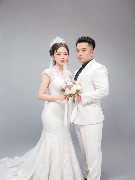 The bride and groom pose for photos in white wedding dresses, wedding photos, cute couple, ao dai, listen to me series, phong yintion j - jiang geping, Huang Longli, White back drop in front, ruan jia and fenghua zhong, Lin Meng style, Fu, mine