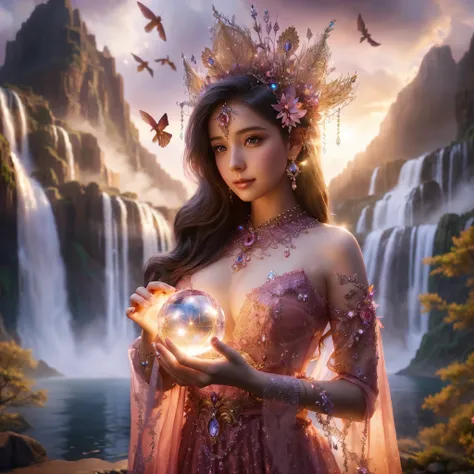 a woman in a pink dress holding a crystal ball in front of a waterfall, beautiful fantasy art, digital art fantasy art, very beautiful fantasy art, digital fantasy art ), fantasy woman, detailed fantasy digital art, fantasy digital art, breathtaking fantas...