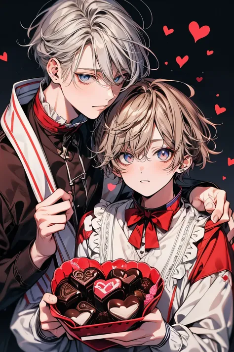 (muste piece), (best quality), very detailed, ((two men in their 20s)), perfect face, beautiful face, happy face，very detailed顔，(brown hair_red eyes:1.3)，(gray hair_blue eyes:1.3)，wink，milk chocolate，White chocolate，Valentine，ribbon，race，frills，heart，Light...