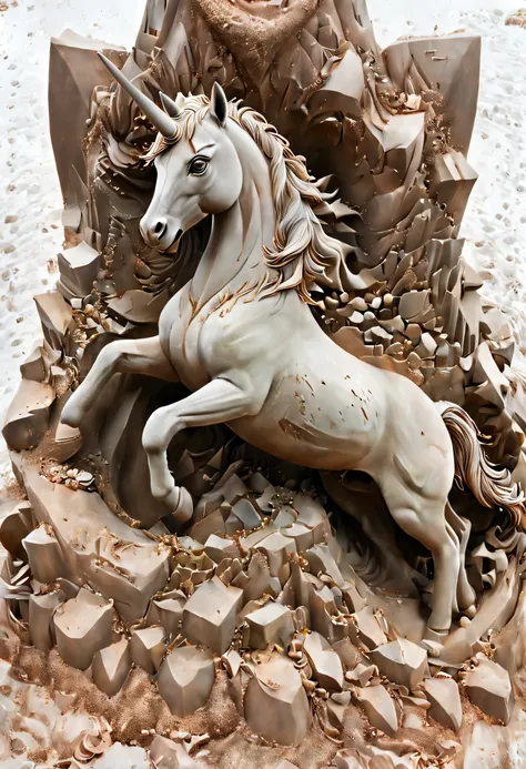 in the heart of enchanted whimsy, a spectral sand sculpted unicorn dances among abstract shards of reality