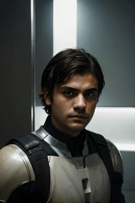 Young Oscar Isaac with smooth facial features wearing a futuristic uniform. homem bonito e forte. curto, cabelo castanho. olhos castanhos claros. realista