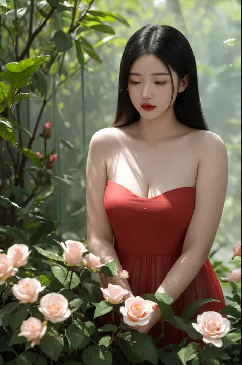 Rose,Glass rendering,Dior lipstick,22-year-old plump and perfect Chinese female model in red diamond dress,transparent的水晶花瓣,transparent,Ray rendering,Phnom rimmed glass texture,jungle,sun,warm color,Warm sunshine,raindrop,The sun shines through the trees o...