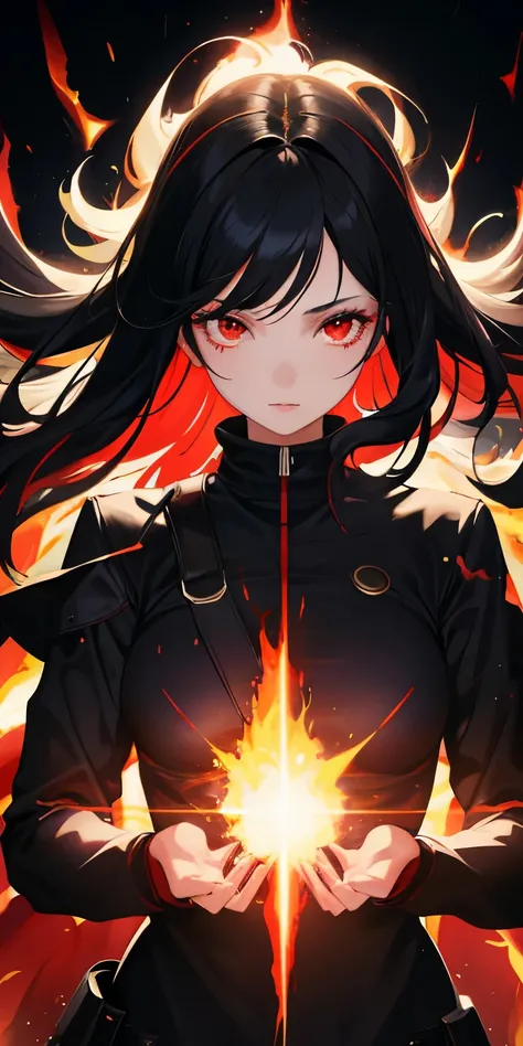 1girl, black hair, red eyes, fire witch, blood, light particles, light rays, wallpaper, high contrast, colorful,