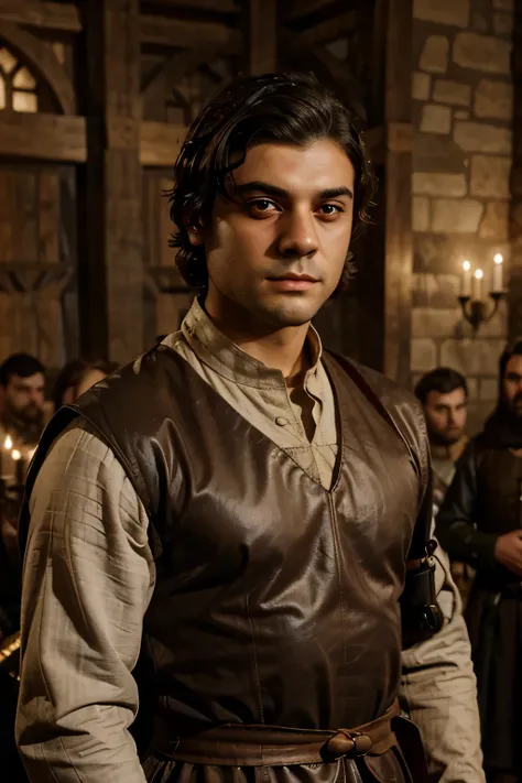 Young Oscar Isaac with smooth facial features wearing a medieval uniform at a medieval ball. homem bonito e forte. curto, cabelo castanho. olhos castanhos claros. realista