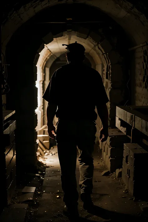 middle age man seen from the back exploring an eunderground mine with a front light on his head