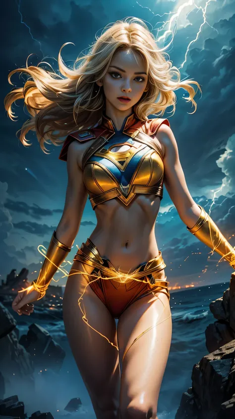 (best quality, highres, vivid colors:1.2), ultra-detailed, supergirl, skimpy costume, midriff showing, sexy, detailed facial features, beautiful detailed eyes, beautiful detailed lips, long eyelashes, confident expression, bright colors, vibrant background...