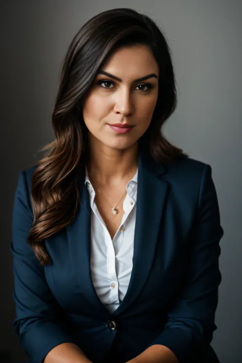 um retrato de uma mulher em um terno feminino, secretary, business suit, beautiful portrait lighting, posing in dramatic lighting, high contrast studio lighting, pele natural, 8K Ultra HD, alta qualidade, cinematic grain, Fujifilm XT3