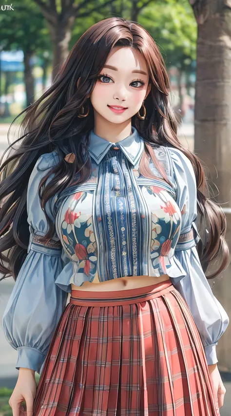 (best quality, masterpiece, ultra-detailed, photorealistic:1.3), wavy hair, wide hips, printed blouse, pleated skirt, city park