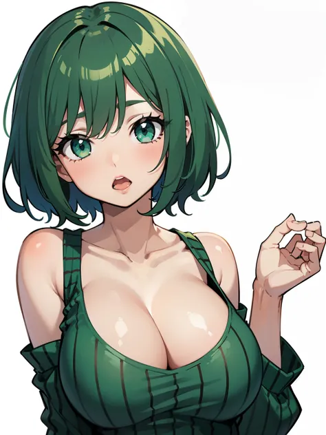 1girl, breasts, looking_at_viewer, surprised, wide eyes, o shaped mouth, striped, green_hair, short hair, green_striped_shirt, low_cut_shirt, cleavage, green_eyes, rating:safe, collarbone, solo, open_mouth, bare_shoulders, large_breasts, white background