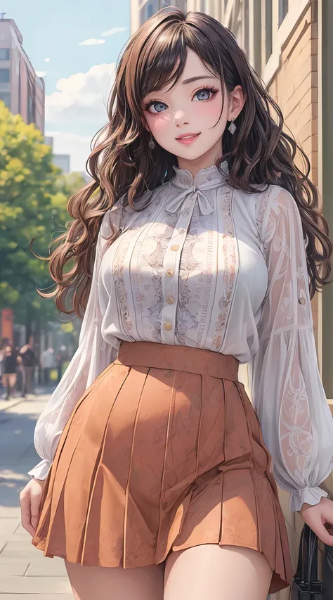 (best quality, masterpiece, ultra-detailed, photorealistic:1.3), wavy hair, wide hips, printed blouse, mini skirt, city park