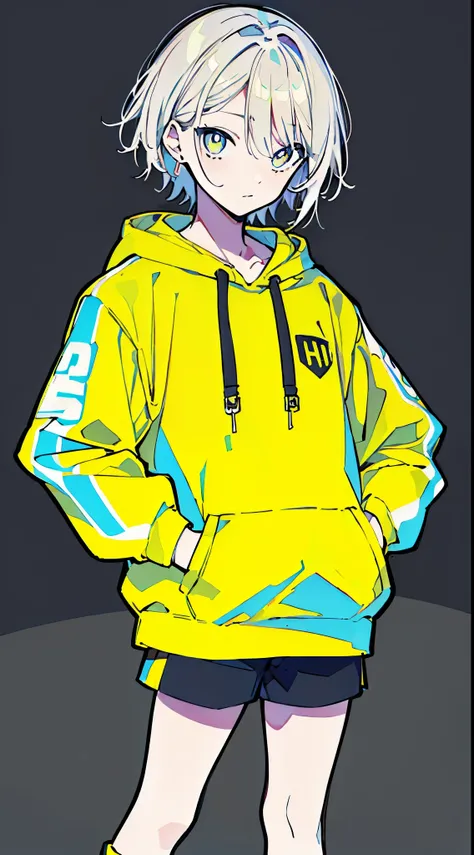 (masterpiece, highest quality:1.6), alone, thick outline, (simple background, Dark yellow background, monochrome, dark yellow theme:1.2), official art, Key Visual, 8K, disorganized, whole body, (Unique hair, Oversized Hoodies, hot pants, arch back, short t...