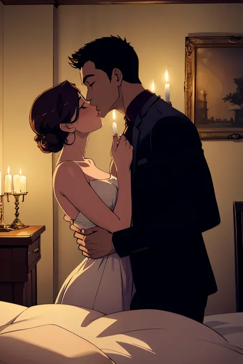 Boy and woman, beautiful woman, kissing each other with passion, in a bedroom, bright room, candles lit, night time,