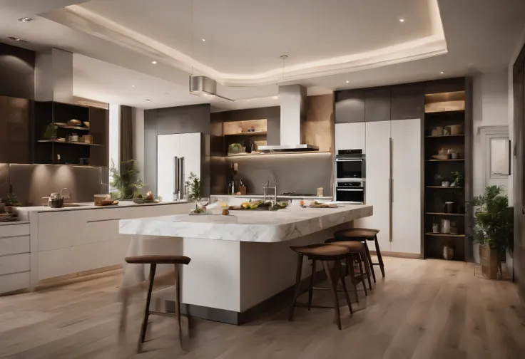 3. Produce an image of a high-class gourmet kitchen with dimensions of 600x1920 pixels. Use state-of-the-art devices, marble countertops, and custom furniture. O Piso Laminado deve harmonizar com a paleta de cores moderna e clean.