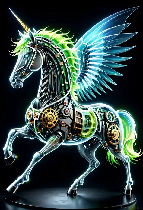 (Mechanical unicorns:1.5),mythical creatures , (Mythical Machinery), (Mechanobiology),ethereal,phantom,transparent,bioluminescence,divinelight,fluorescence,charming,mystery,bright colors,detailed details,lifelike,超级lifelike,Epic technological fantasy,Epic ...