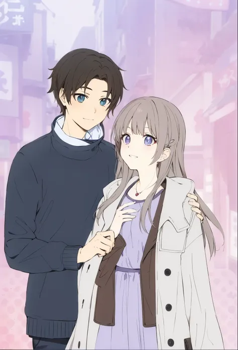 anime couple on a city street on a pink background, anime with cel-shading, shoujo romance, anime style, by Kamisaka Sekka, couple pose, based on Tomioka Tessai, anime style, author Naka Bokunen, inspired by Kamisaka Sekka, Cute Anime Style, Tall anime guy...