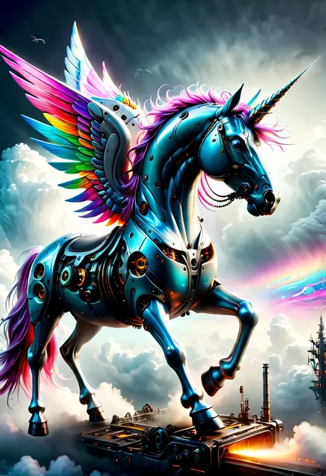 (Mechanical unicorns:1.5),fei,cloud，mythical creatures , (Mythical Machinery), (Mechanobiology),cloud，ethereal，bioluminescence，divinelight，charming，mystery，bright colors，detailed details，lifelike，超级lifelike，Epic technological fantasy，Epic surrealism，Epic f...