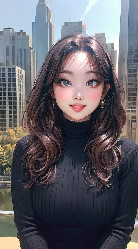 (best quality, masterpiece, ultra-detailed, photorealistic:1.3), wavy hair, wide hips, designer turtleneck minidress, city park