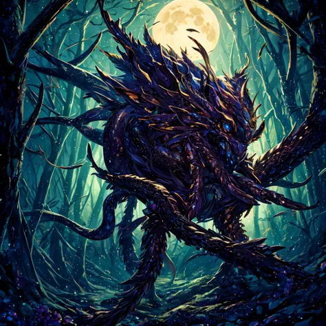 an eldritch horror with many tentacles and many insect eyes crawls through the forest, it has a single golden unicorn head protr...