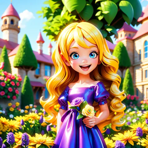 close up portrait, a beautiful blonde-haired Irish princess, 19-year-old, shapely, long wavy hair, bright blue eyes, fair skin, wearing a red and purple dress, golden crown, laughing happily, in a flower garden, sunny day in a castle flower garden, digital...