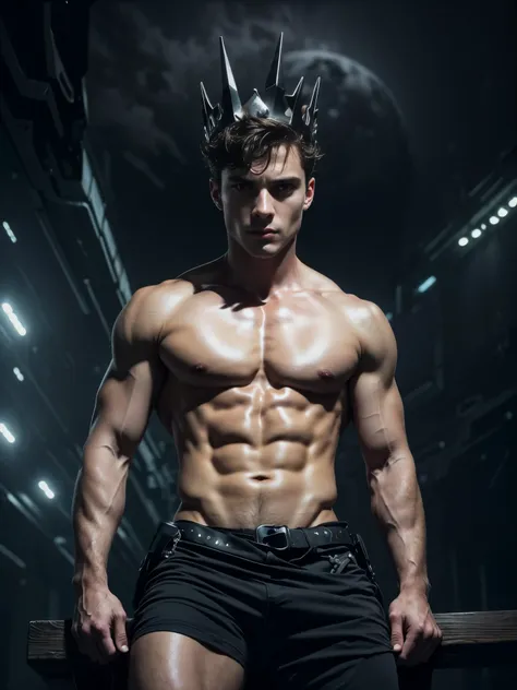 (photorealistic),masculine and beautiful men, full body shot. A photograph of a 18 years old male model shirtless, he is sitting at the edge of futuristic throne, he is wearing a (dark evil masculine crown:1.4), and tight black futuristic pants, and looks ...