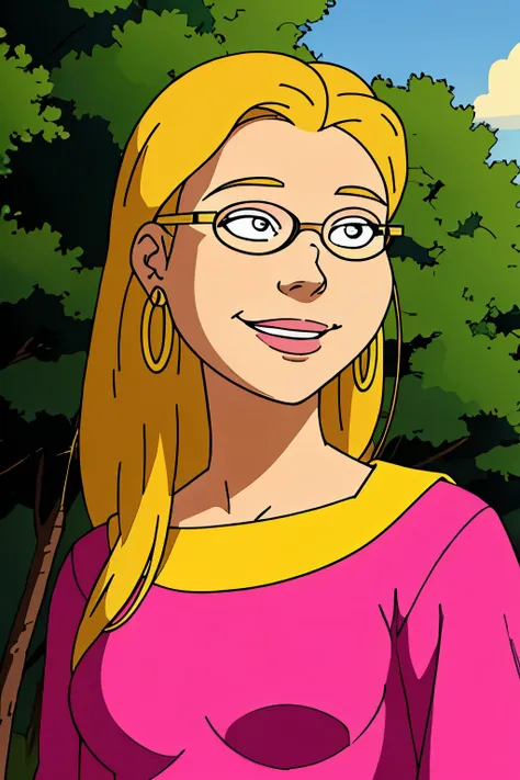 (solo, 1girl:1.1), (body illustration:1.1) solo,1girl, upper body, leni loud, blonde hair, long hair, pink dress, earrings, eyewear on head, hoop earrings, forest, smile,