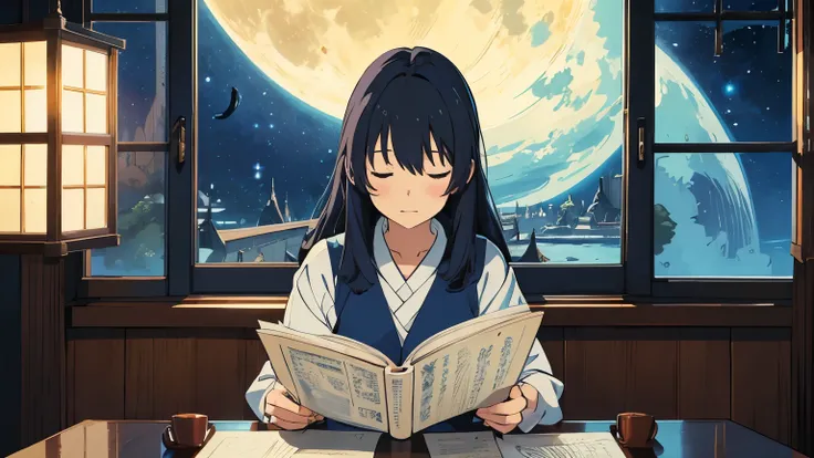 A Hayao Miyazaki style illustration of a beautiful girl studying by the window while looking at the night sky.。highest quality