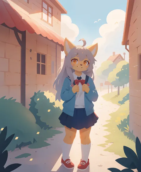 1girl, solo,    white fur, ahoge, looking at viewer, school uniform,  orange eyes, grey hair, long hair, cardigan, blue sky, plants, standing, smile, (best quality, masterpiece, illustration, ultra-detailed:1.3), (anthro, furry, kemono:1.3)