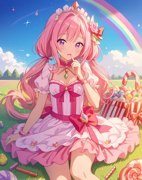 scepter, lots of candy, gumdrops, candycanes, a rainbow, candy, (a field of candy), 1girl, sugar queen, pink dress, a Sceptor of candy