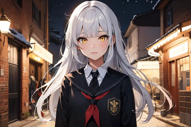 1girl, yellow eyes, style novel, Silver long hair, blunt bangs, Black School uniform, cores vividas, cenário de fundo neve, natal, noite natalina, brilho do luar