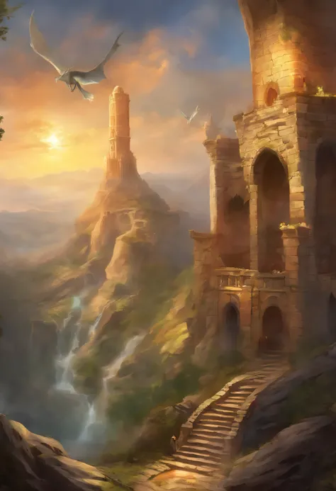 Showcase the moment of sacrifice in a crumbling tower with stone arches. The hero stands boldly in the dragons path, distracting it. Companions below express worry, highlighting the heros courage. Emphasize the dragons enraged demeanor and the perilous sta...