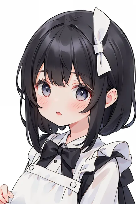 1 girl, upper body, big face, black hair, white dress, white apron, black bow, Simple background
