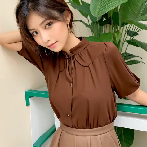 wanita blouse warna putih gading dengan rok coklat muda