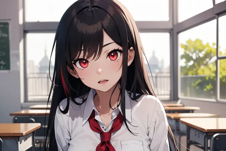 (((1girl))), red eyes, style novel, dash isekai anime, long black hair, school uniform, vivid collors, style novel, super detailed, Yandere face