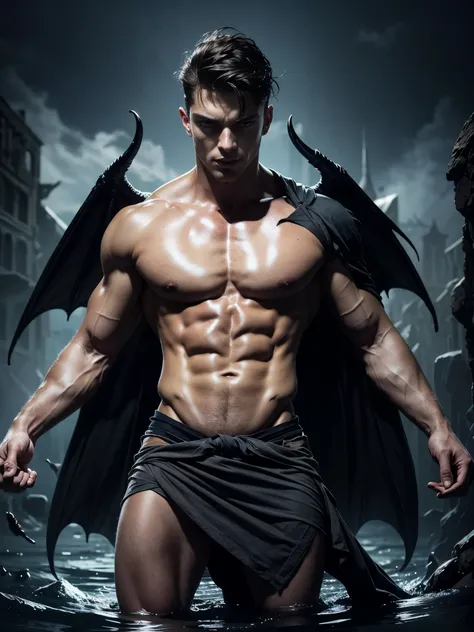 Photorealistic, ((best quality)), ((masterpiece)), (detailed), perfect face, the devil, masculine portrait of the devil, personification of The Devil, (evil look), superr pale skin, massive huge majestic black angel wings, black dragon horns, 18-year-old, ...