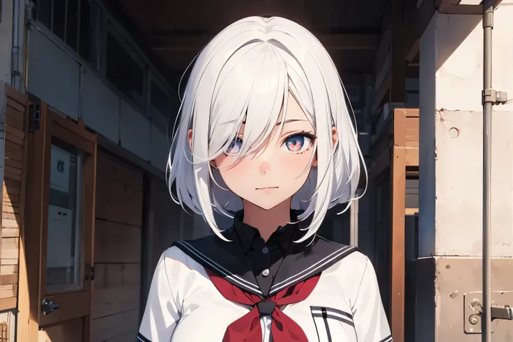 (((1girl))), olhos cinzas, style novel, dash isekai anime, white hair, cabelos com coques, coke, school uniform, vivid collors, style novel, super detailed, Yandere face