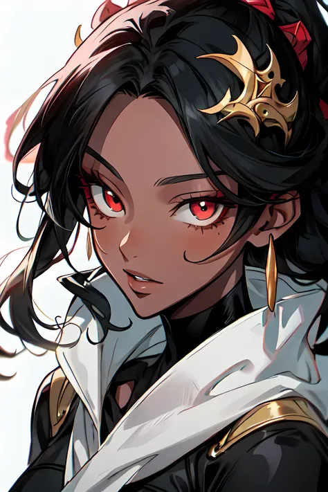 Anime Style Portrait of a sexy, African girl, with long Jet-black Hair, red eyes, dark-skinned, perfect composition, hyper-detailed, 8K, high quality, perfect eyes, trending art, trending on artstation, sharp focus, studio photo, intricate details, by Tite...