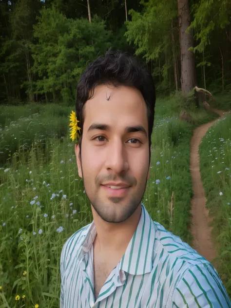 arafed man with a flower in his hair standing in a field, 8k selfie photograph, in front of a forest background, without beard, facebook profile picture, selfie photo, with accurate face, very clear picture, very very low quality picture, portait photo pro...