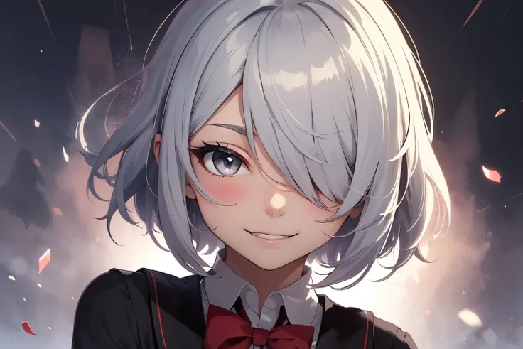 1 girl, gray eyes, short silver hair covering her eyes, black school uniform, red bow, yandere face, smilling, super detailed