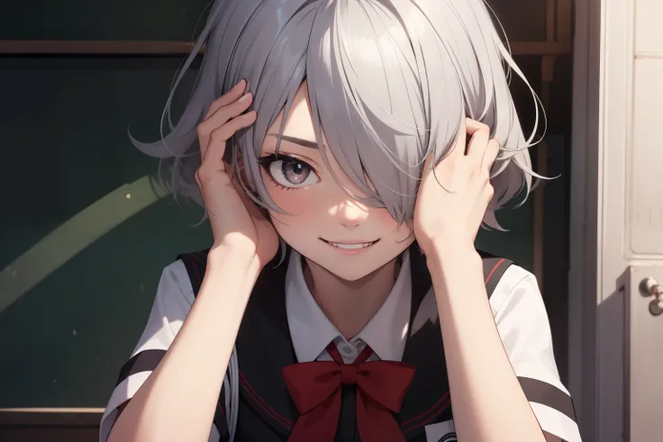 1 girl, gray eyes, short silver hair covering her eyes, black school uniform, red bow, yandere face, smilling, super detailed