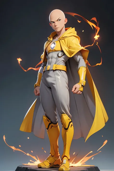 Anime character : saitama, anime : one punch , (1 boy), portrait, yellow & white hero body suit , red color cape, full body focus, hero pose, 35 age, bald, focused face, detailed, muscular, ((shinning  gray hair)) , background : lighting fireball,