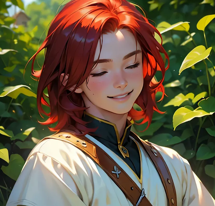 (a boy,ultra-detailed,realistic:1.37,masterpiece:1.2), young, masculine Caucasian, medium length red hair, smile, (eight years old:1.7), medieval prince outfit, green background, soft sunlight, oil painting texture, closed eyes.