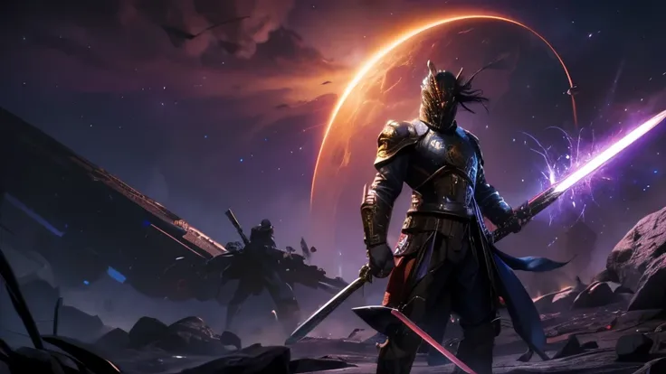 A cosmic warrior in battlefield, holding a sword infused with cosmic energy,in rage