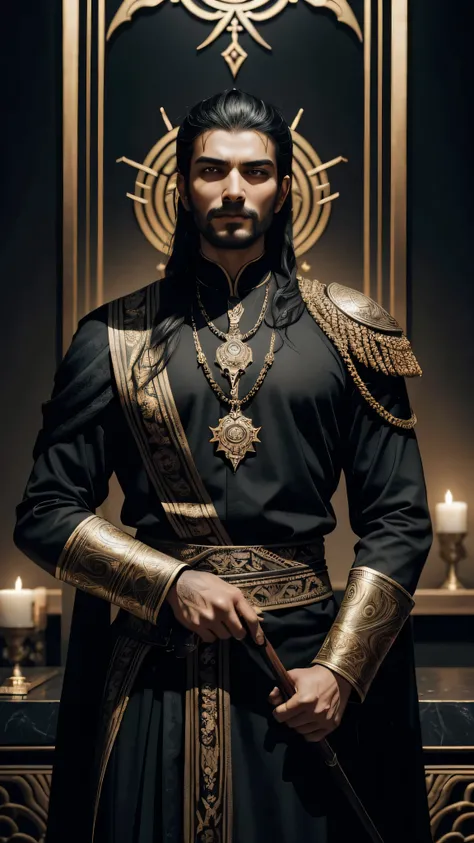 A masterpiece in the finest quality, presented in an ultra-detailed, 8k resolution, showcasing Metehan, the esteemed ruler of the Hun state in central Asia. His stern gaze is fixed on the screen before him, a hand cradling a intricately textured bow in an ...