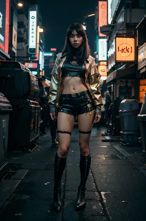 Boutique,best quality,Gold jewelry,(slip out feet),Fairy skin,(Fidelity :1.2),Standing,Super Detailed,realistic,High quality,Movie Light,Ray tracking,Ultra HD,Upper body, Girl in shorts and jacket standing next to giant robot, Guweiz style artwork, CyberPu...