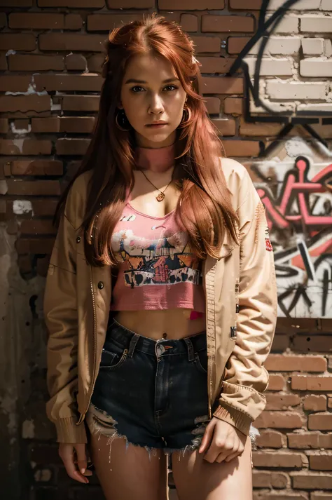 (masterpiece, best quality, 1 girl, solo, intricate details, chromatic aberration), realistic, ((medium breath)),long hair, red hair, red decoration on the head, pink highlights, amber eyes, earrings, sharp eyes, necklace, neon shirt, ripped shorts, unbutt...